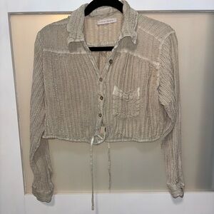 Pookie & Sebastian Cropped Cream Button Down Blouse w Tie | Size S